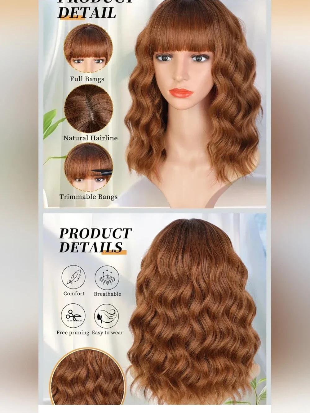 NWT Auburn Wigs for Women Bob Wig with Bangs Short Wavy Curly Hair14Inch Ombre